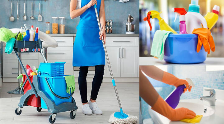 Servicio de limpieza, limpiador de cesta de productos en la mesa de la sala  de estar con el hogar, la casa o el salón de publicidad y el trabajo de  carrera de